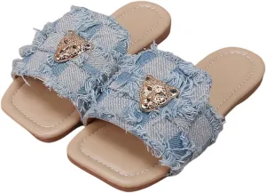 GORGLITTER Girl's Distressed Flat Sandals Dressy Metal Square Open Toe Summer Slip on Slide Sandals