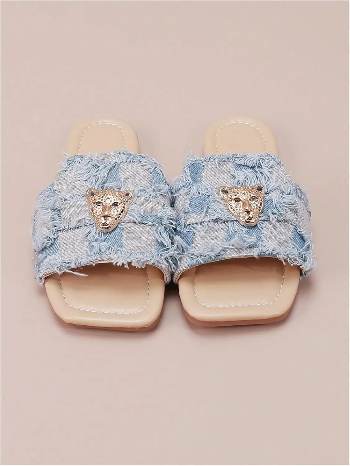 GORGLITTER Girl's Distressed Flat Sandals Dressy Metal Square Open Toe Summer Slip on Slide Sandals