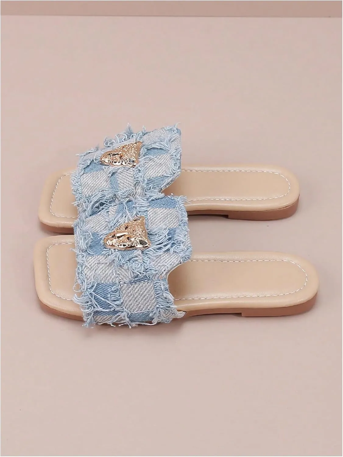 GORGLITTER Girl's Distressed Flat Sandals Dressy Metal Square Open Toe Summer Slip on Slide Sandals