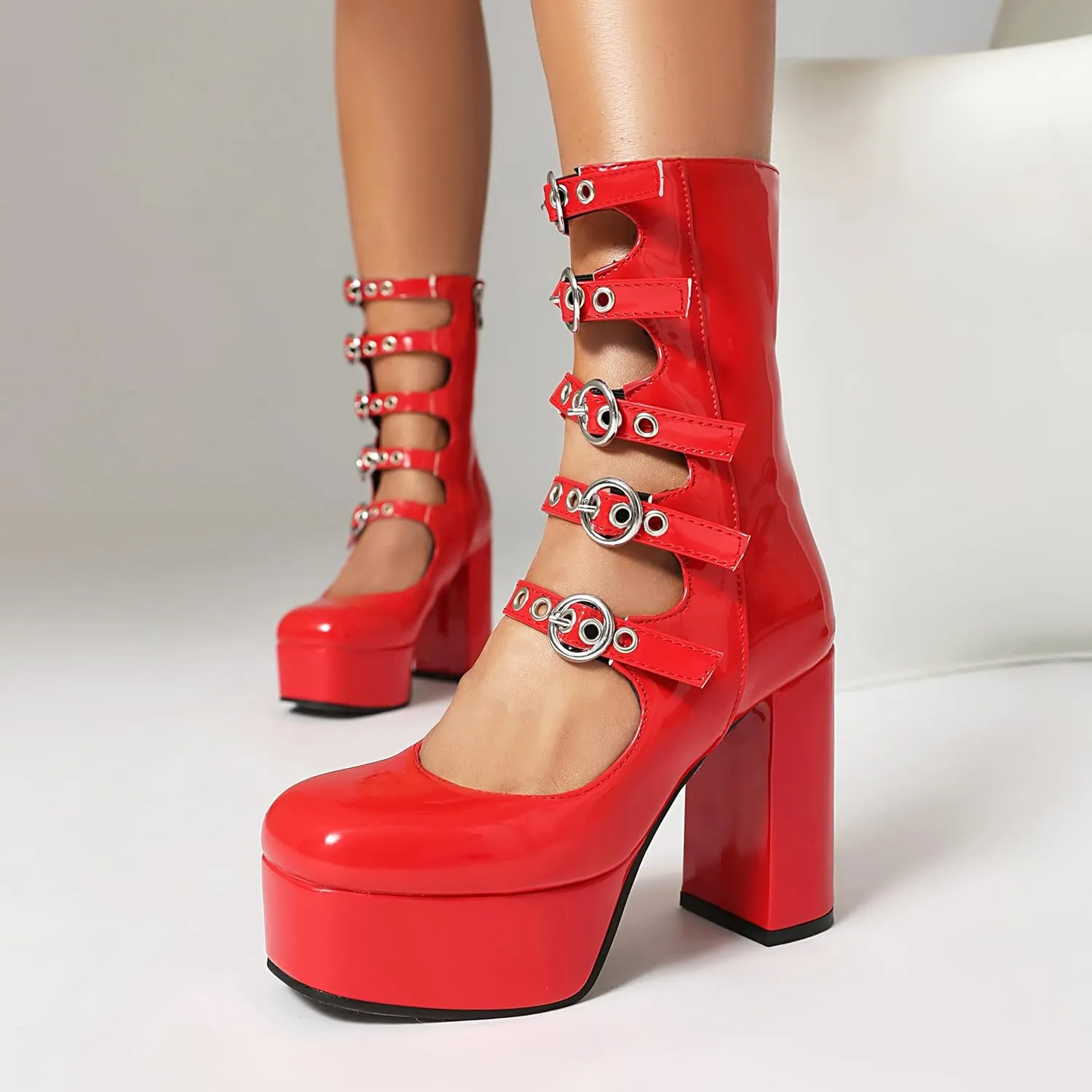Goth Platform Boots for women Hollow Demonia Buckle Mid Calf Boots Chunky Block High Heels Shoes