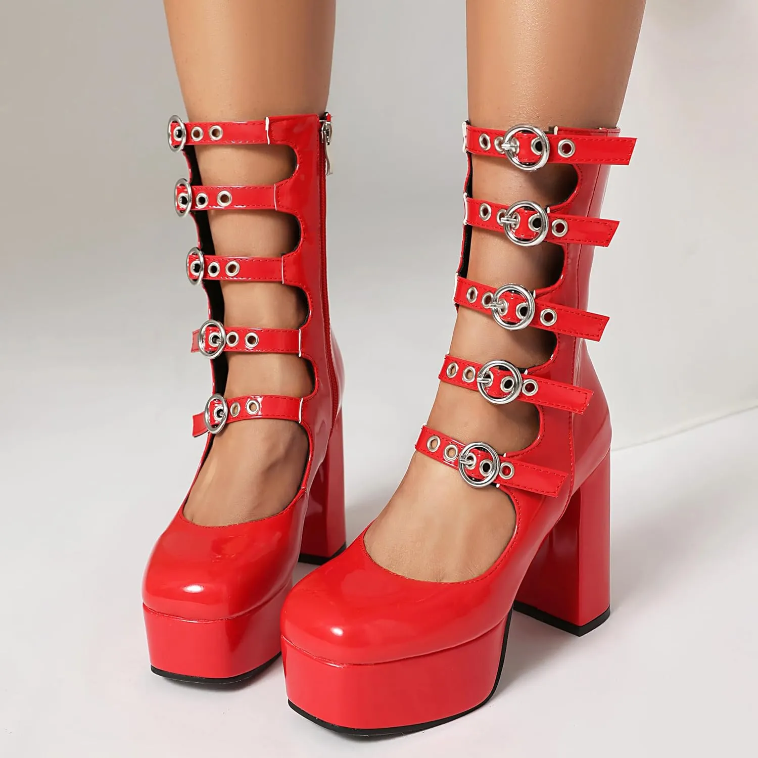 Goth Platform Boots for women Hollow Demonia Buckle Mid Calf Boots Chunky Block High Heels Shoes