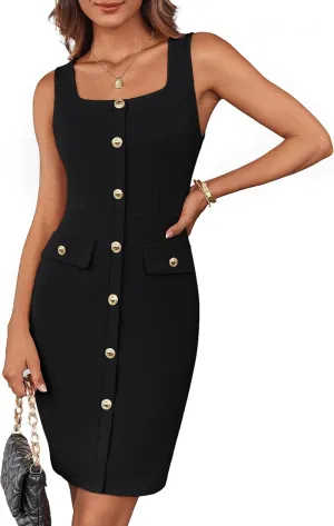 GRACE KARIN 2025 Women's Buttons Belted Square Neck Business Work Dress Sleeveless Bodycon Midi Dress