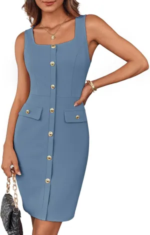 GRACE KARIN 2025 Women's Buttons Belted Square Neck Business Work Dress Sleeveless Bodycon Midi Dress