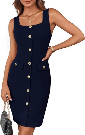 GRACE KARIN 2025 Women's Buttons Belted Square Neck Business Work Dress Sleeveless Bodycon Midi Dress