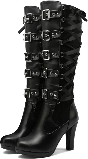 GUNIYIFS Women Lace Knee High Boots Buckle High Heel Knee Boots Lace Up Punk Platform Back Zipper Riding Goth Combat Bootie