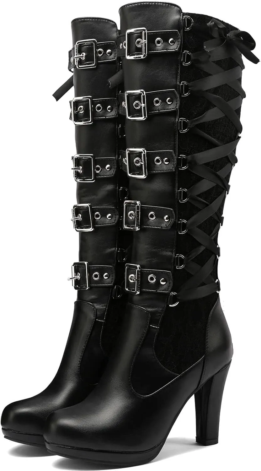 GUNIYIFS Women Lace Knee High Boots Buckle High Heel Knee Boots Lace Up Punk Platform Back Zipper Riding Goth Combat Bootie