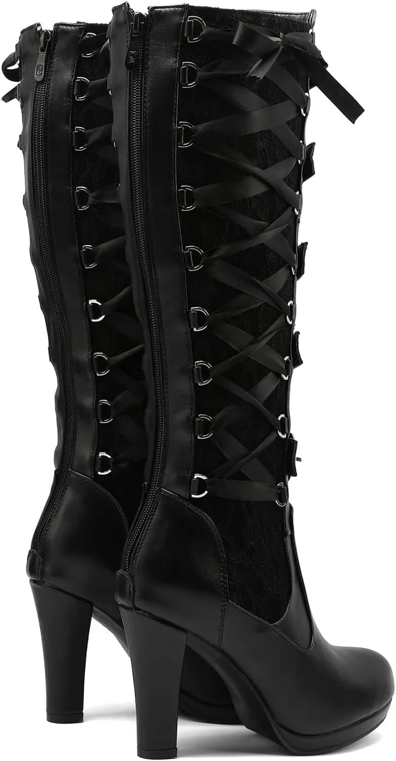 GUNIYIFS Women Lace Knee High Boots Buckle High Heel Knee Boots Lace Up Punk Platform Back Zipper Riding Goth Combat Bootie