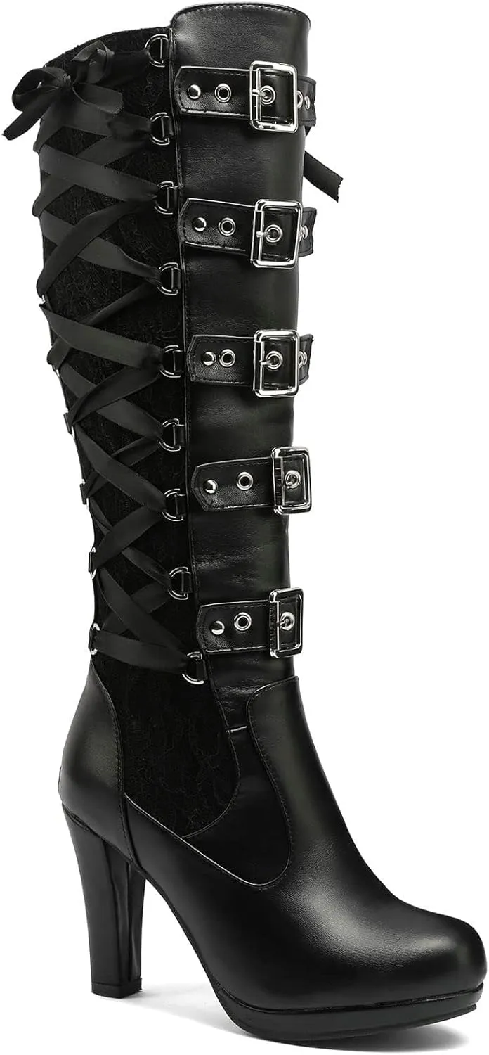 GUNIYIFS Women Lace Knee High Boots Buckle High Heel Knee Boots Lace Up Punk Platform Back Zipper Riding Goth Combat Bootie