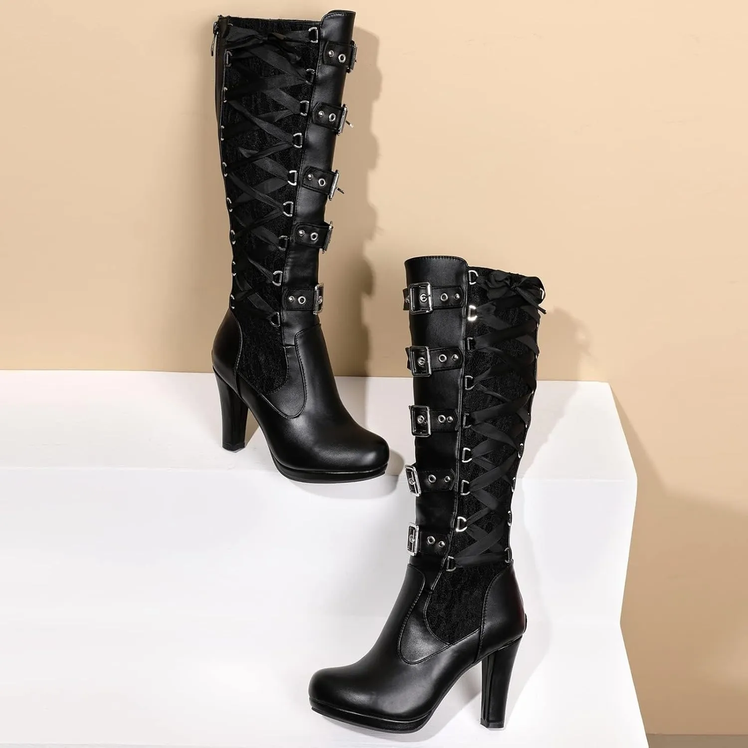 GUNIYIFS Women Lace Knee High Boots Buckle High Heel Knee Boots Lace Up Punk Platform Back Zipper Riding Goth Combat Bootie