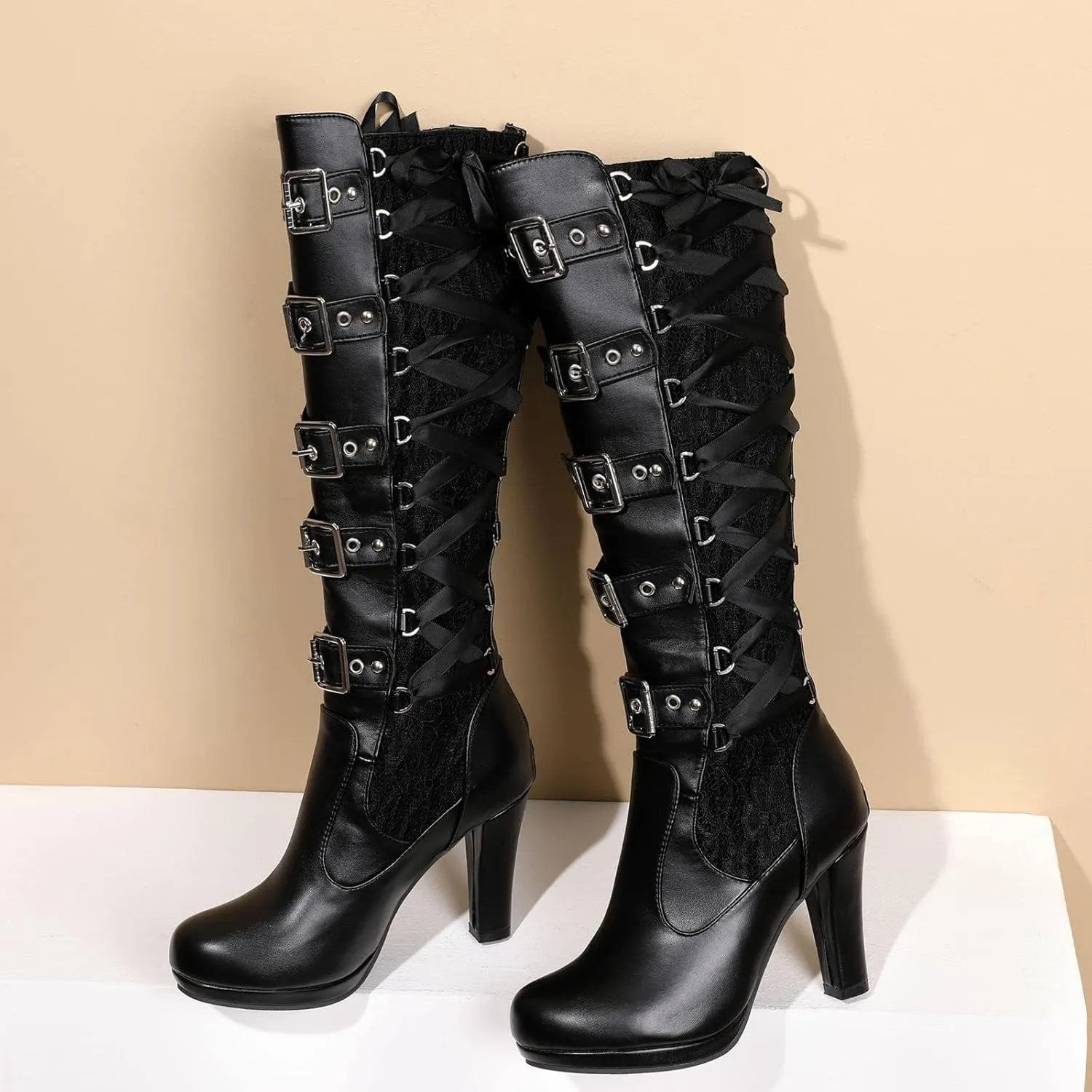 GUNIYIFS Women Lace Knee High Boots Buckle High Heel Knee Boots Lace Up Punk Platform Back Zipper Riding Goth Combat Bootie