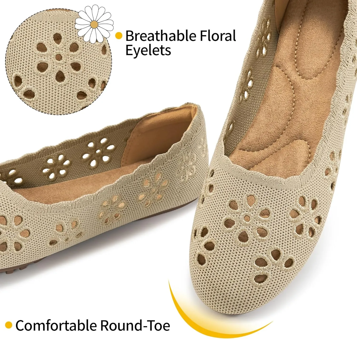 HARENCE Ballet Flats Shoes for Women: Comfortable Round Toe Summer Work Office Flat Slip on Walking Dress Shoes with Breathable Floral Eyelets