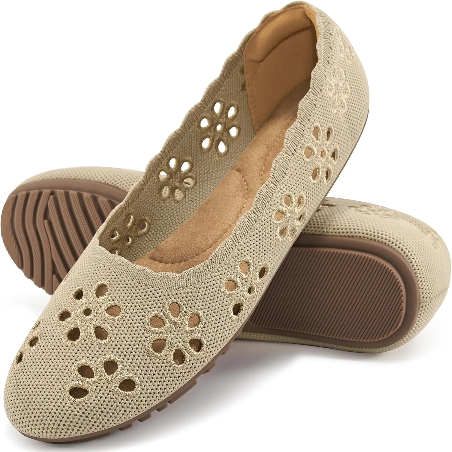 HARENCE Ballet Flats Shoes for Women: Comfortable Round Toe Summer Work Office Flat Slip on Walking Dress Shoes with Breathable Floral Eyelets