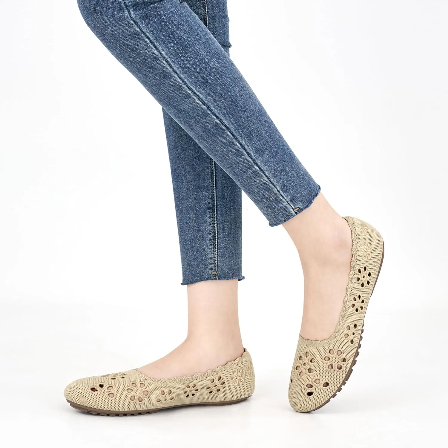 HARENCE Ballet Flats Shoes for Women: Comfortable Round Toe Summer Work Office Flat Slip on Walking Dress Shoes with Breathable Floral Eyelets