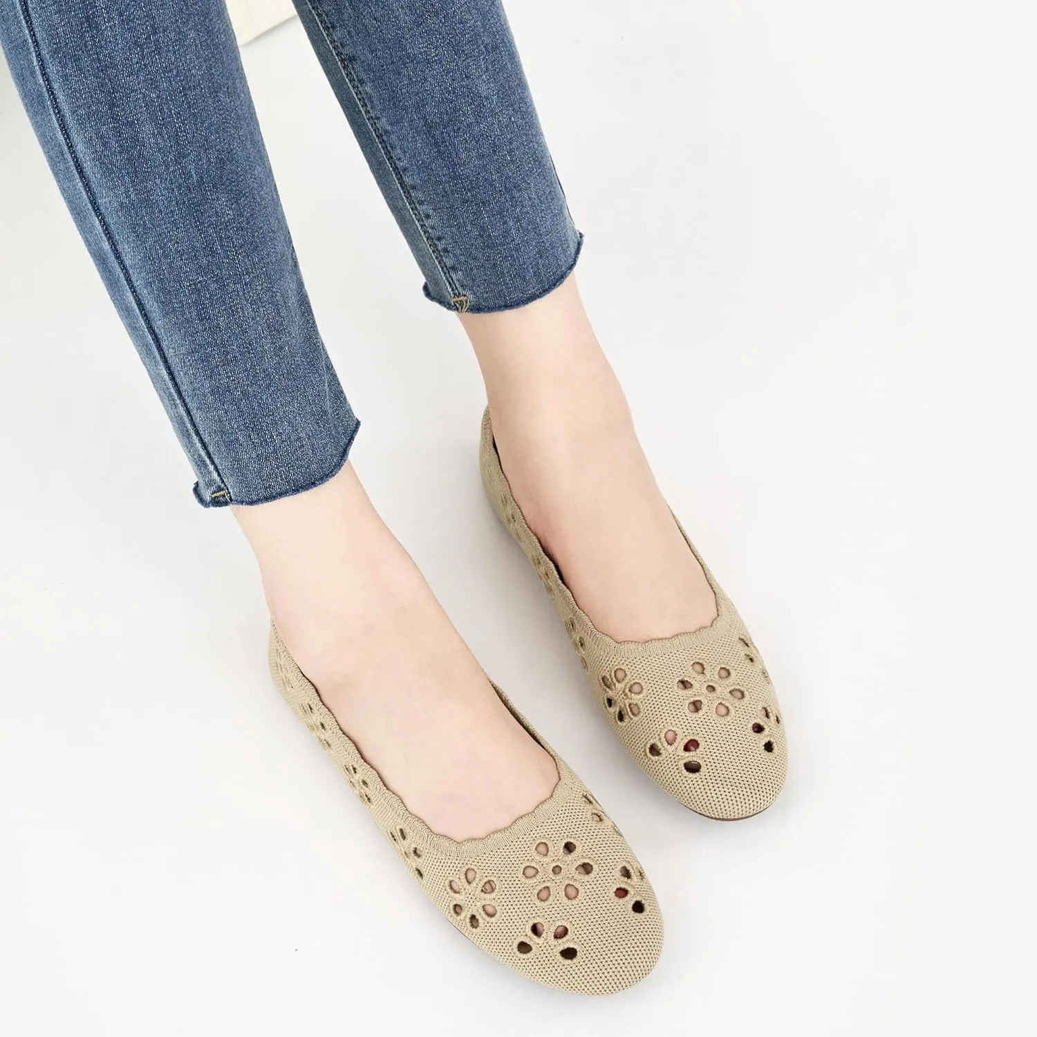 HARENCE Ballet Flats Shoes for Women: Comfortable Round Toe Summer Work Office Flat Slip on Walking Dress Shoes with Breathable Floral Eyelets