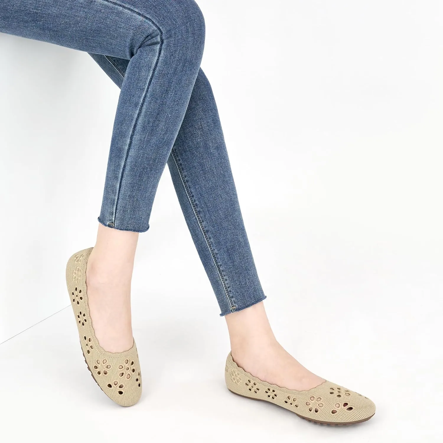 HARENCE Ballet Flats Shoes for Women: Comfortable Round Toe Summer Work Office Flat Slip on Walking Dress Shoes with Breathable Floral Eyelets