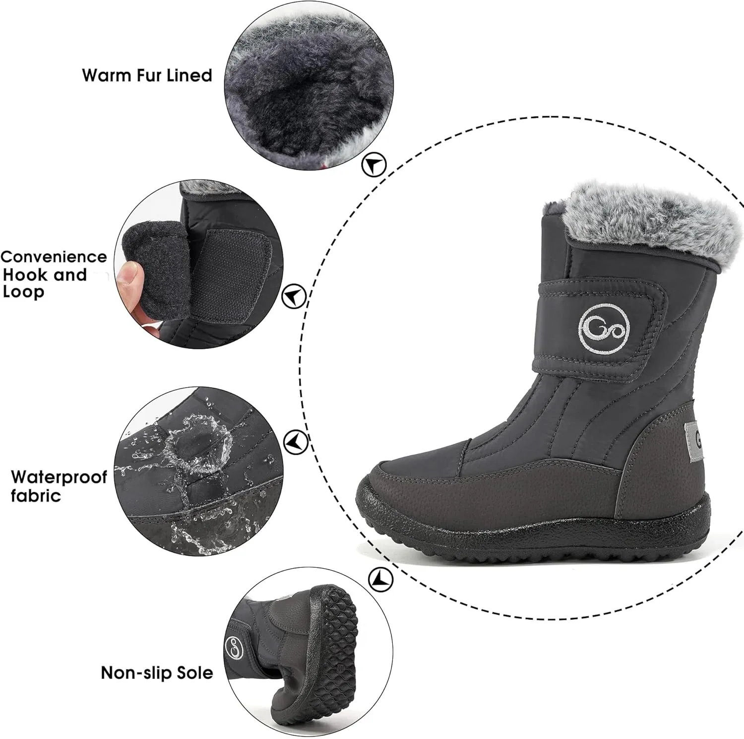 HARENCE Girls Boys Snow Boots: Comfortable Warm Fur Lined Toddler Winter Boot Hook Loop Outdoor Waterproof Slip on Boots for Kids