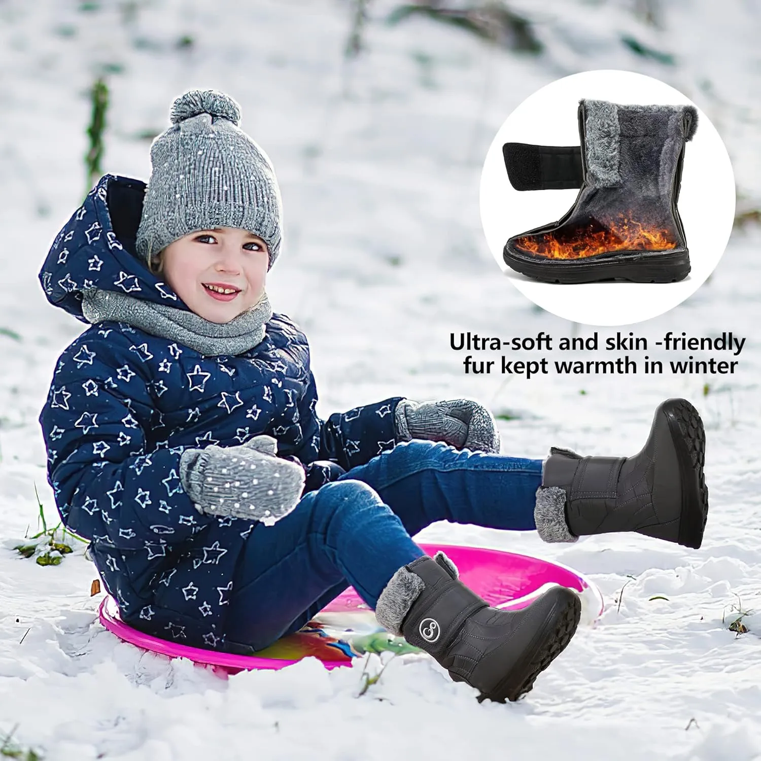 HARENCE Girls Boys Snow Boots: Comfortable Warm Fur Lined Toddler Winter Boot Hook Loop Outdoor Waterproof Slip on Boots for Kids