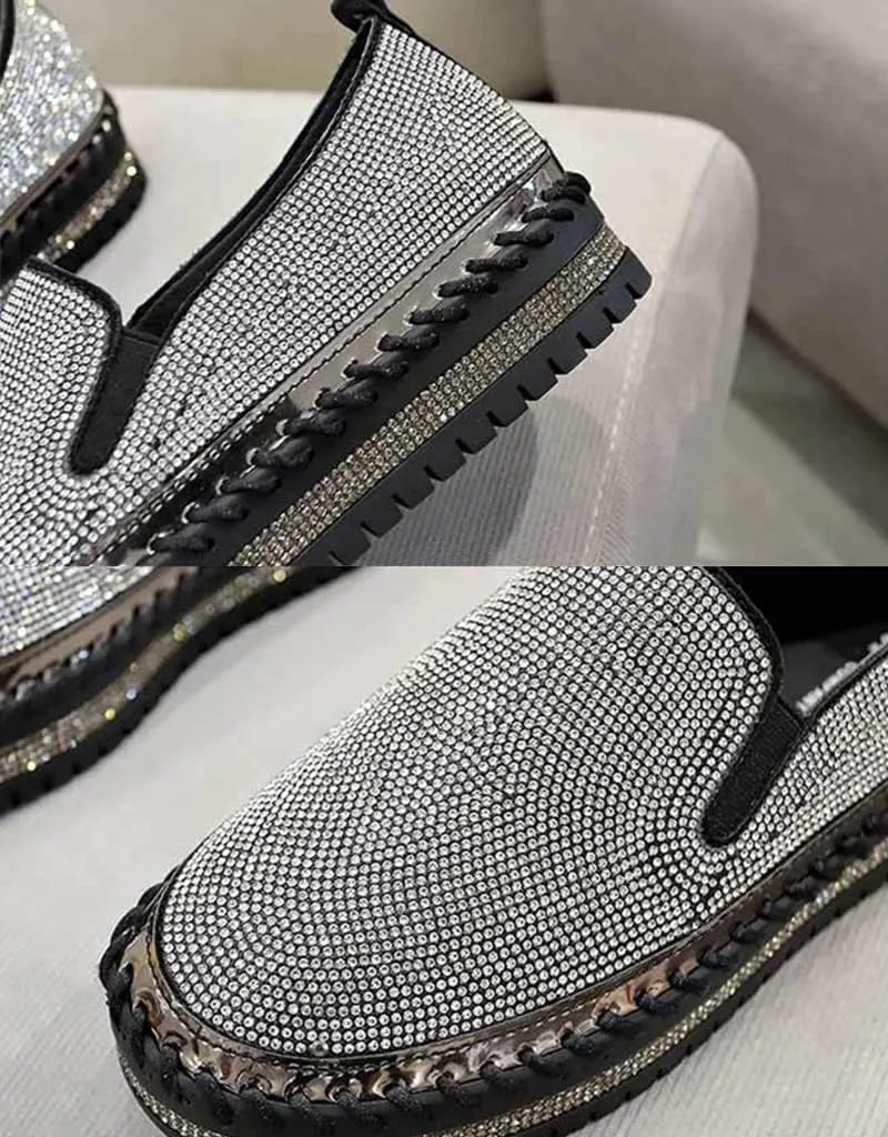 HINDOLA Women's Sparkly Fashion Sneakers Rhinestone Slip on Flatform Loafers Low Top Bling Casual Walking Shoes