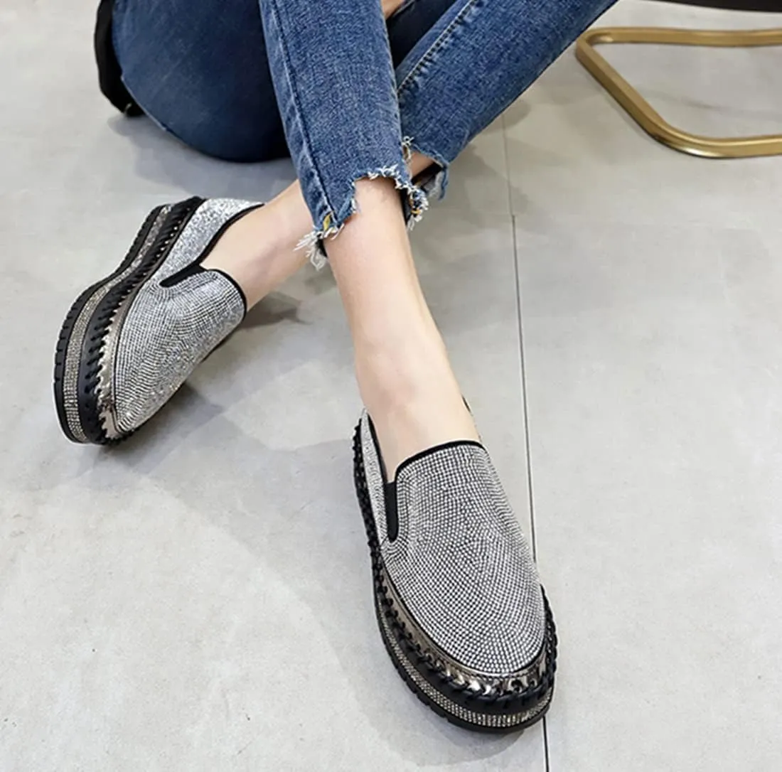 HINDOLA Women's Sparkly Fashion Sneakers Rhinestone Slip on Flatform Loafers Low Top Bling Casual Walking Shoes