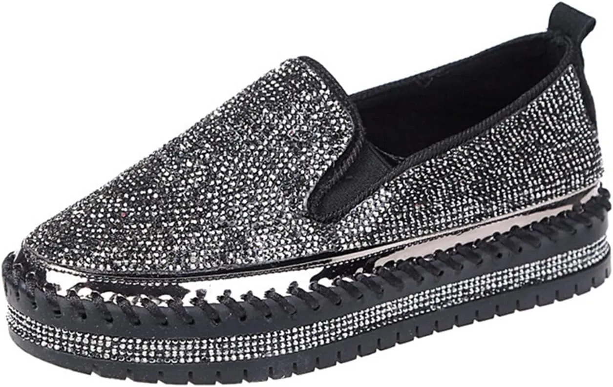 HINDOLA Women's Sparkly Fashion Sneakers Rhinestone Slip on Flatform Loafers Low Top Bling Casual Walking Shoes