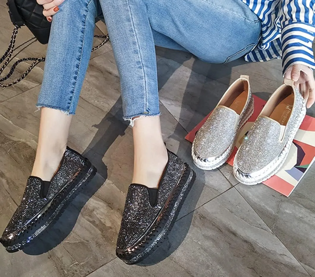 HINDOLA Women's Sparkly Fashion Sneakers Rhinestone Slip on Flatform Loafers Low Top Bling Casual Walking Shoes