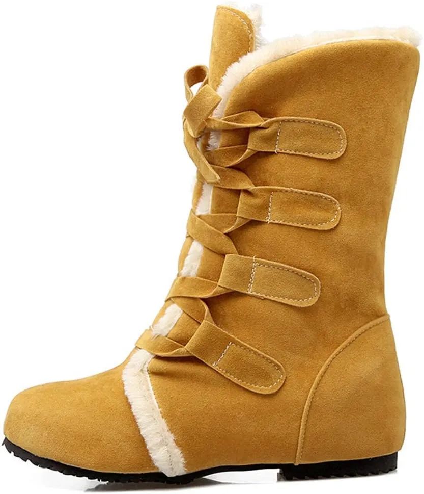 HINDOLA Women's Winter Warm Fur Snow Boots Mid Calf Tall Faux Suede Lace Up Boots Flat Wide Cotton Anti-Slip Snow Boots
