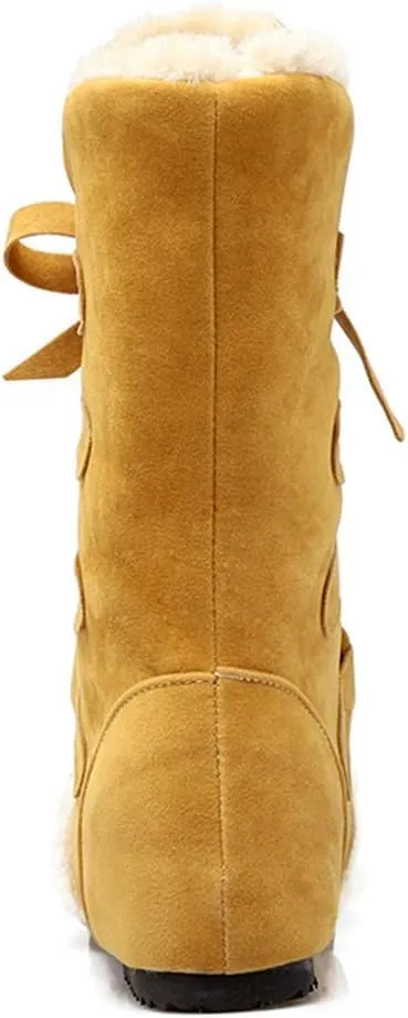 HINDOLA Women's Winter Warm Fur Snow Boots Mid Calf Tall Faux Suede Lace Up Boots Flat Wide Cotton Anti-Slip Snow Boots