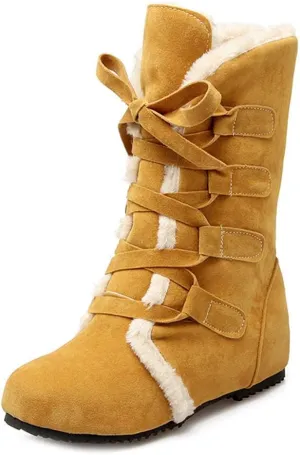 HINDOLA Women's Winter Warm Fur Snow Boots Mid Calf Tall Faux Suede Lace Up Boots Flat Wide Cotton Anti-Slip Snow Boots