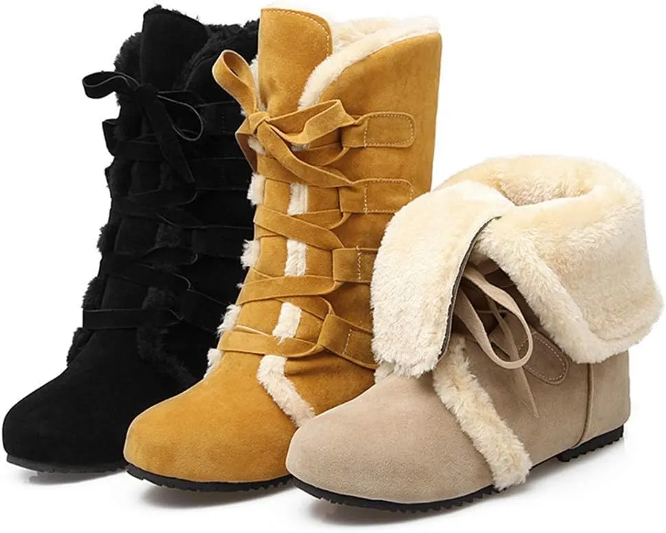 HINDOLA Women's Winter Warm Fur Snow Boots Mid Calf Tall Faux Suede Lace Up Boots Flat Wide Cotton Anti-Slip Snow Boots