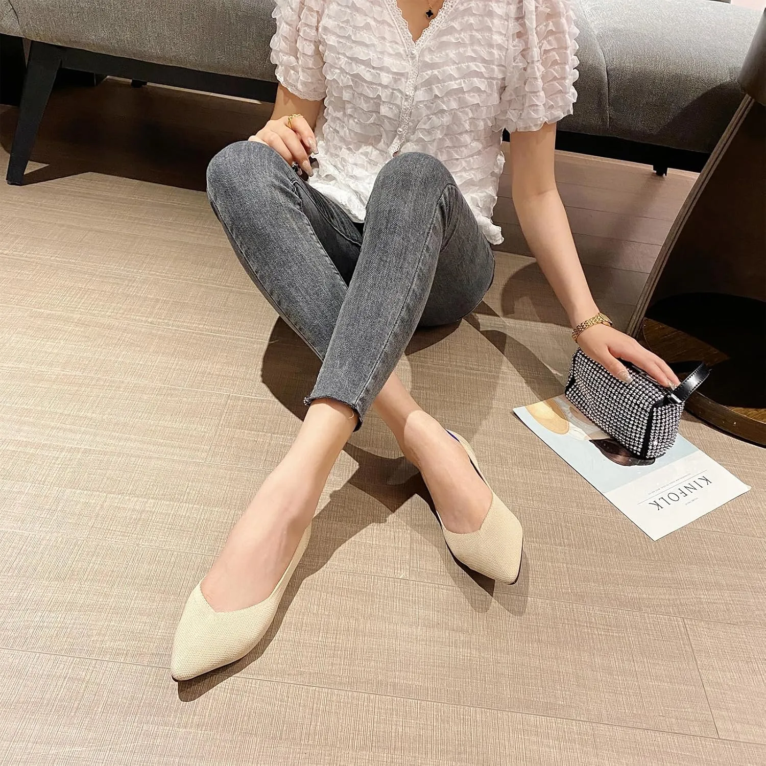 HIPPOSEUS Women's Knitted Ballet Flats Comfortable Casual Dressy Pointed Toe Walking Shoes
