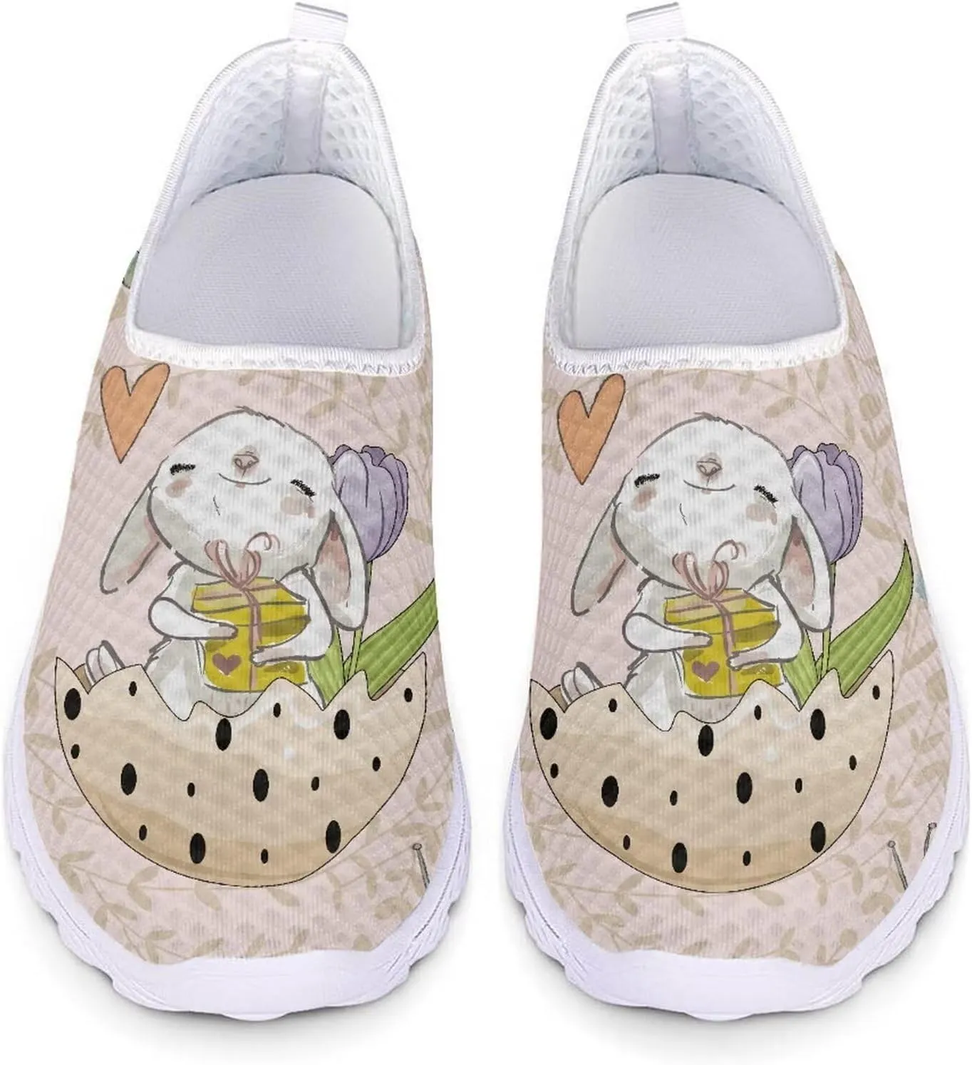 HUIACONG Easter Rabbit Egg Flat for Womens Slip On Tennis Shoes Beige Lightweight Casual Running Sneakers for Ladies Teen Girls Gym Workout Shoes Size 7 Comfortable Walking Shoes