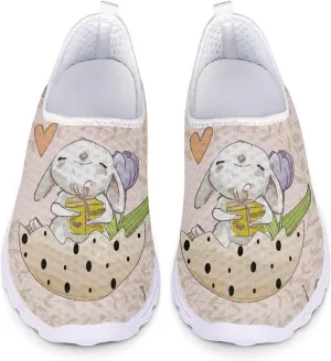 HUIACONG Easter Rabbit Egg Flat for Womens Slip On Tennis Shoes Beige Lightweight Casual Running Sneakers for Ladies Teen Girls Gym Workout Shoes Size 7 Comfortable Walking Shoes