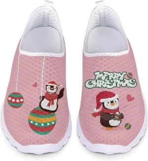 HUIACONG Merry Christmas Penguin Shoes for Women Teen Girls Sneakers Lightweight Workout Gym Tennis Trainers Slip On Walking Running Shoes for Holiday Party, 9.5 Size