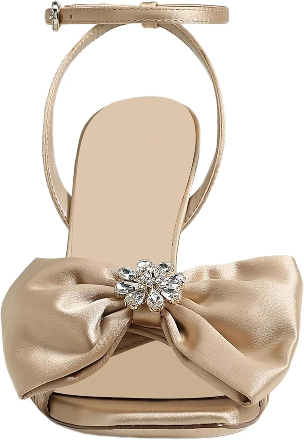 Huntarry Womens Satin Bow Heels Ankle Strap Rhinestone High Heel Sandals with Open Square Toe for Bridal Wedding Party Prom Shoes