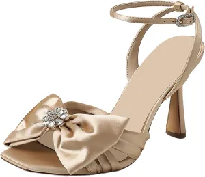 Huntarry Womens Satin Bow Heels Ankle Strap Rhinestone High Heel Sandals with Open Square Toe for Bridal Wedding Party Prom Shoes