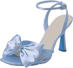 Huntarry Women's Satin Bowknot Sandals with Ankle Strap,Rhinestone Open Round Toe 3.2inch Stiletto Heels,Comfortable Bridal Wedding Party Shoes