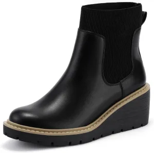 IDIFU IN3 Platform Chelsea Boots for Women Low Short Wedges Ankle Boots Lug Sole Trendy Fashion Comfortable Fall Dress Booties Slip On Elastic Casual Work Daily Round Toe Ladies Boots