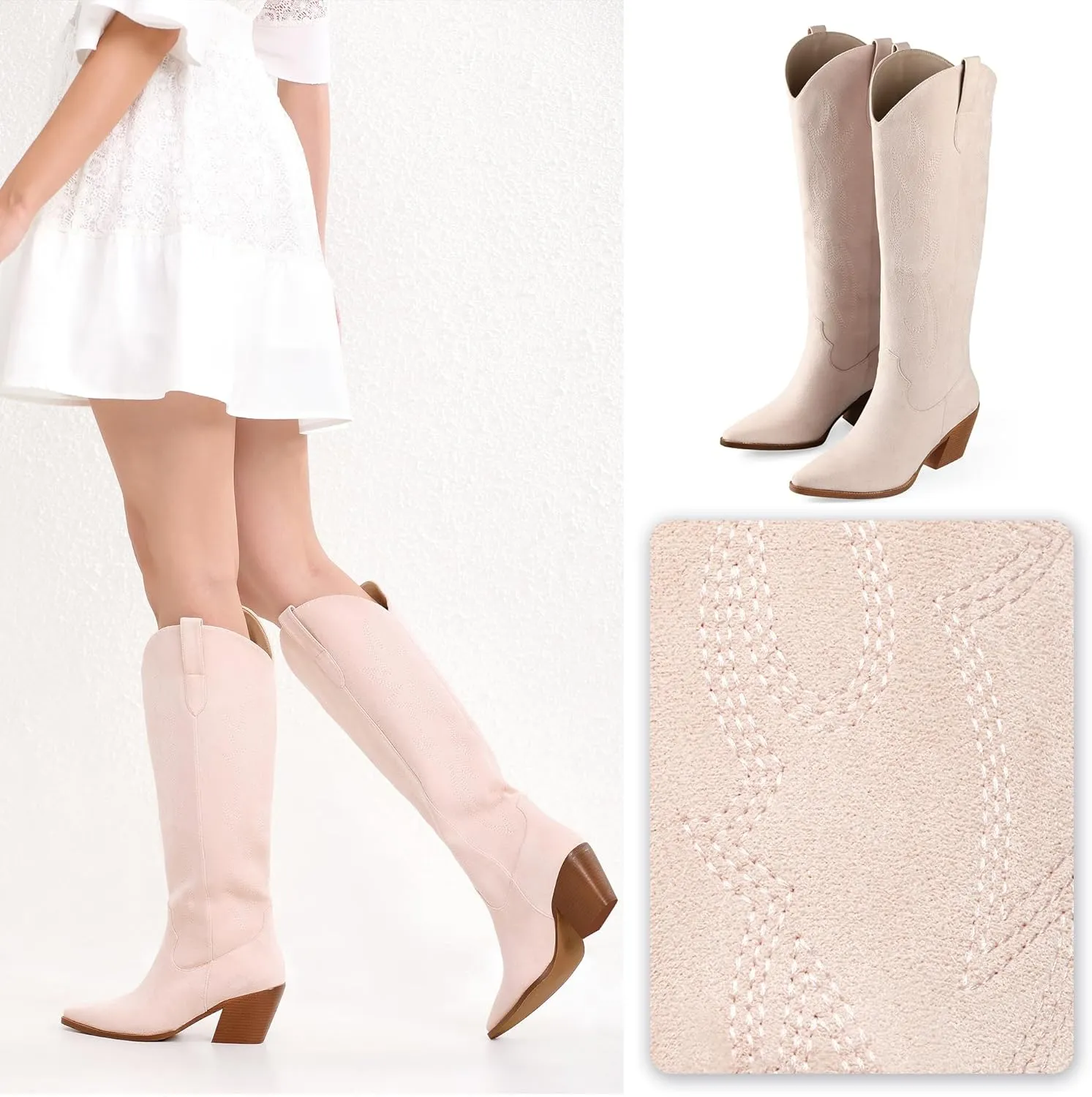 iiimmu Cowgirl Boots Women Knee High Boots Pointed Toe and Block Heel Cowboy Suede and Faux Leather Boots with Embroidered