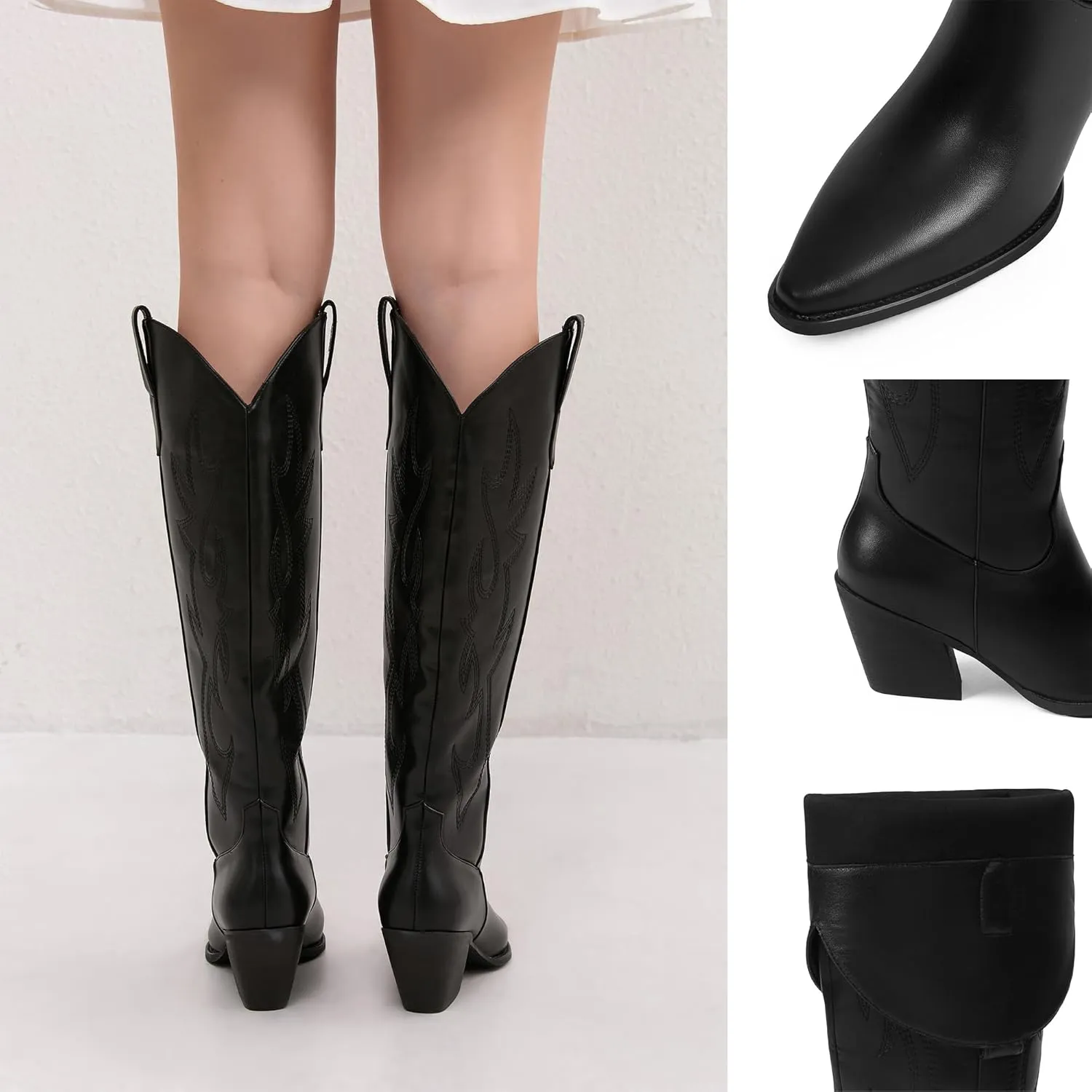 iiimmu Cowgirl Boots Women Knee High Boots Pointed Toe and Block Heel Cowboy Suede and Faux Leather Boots with Embroidered