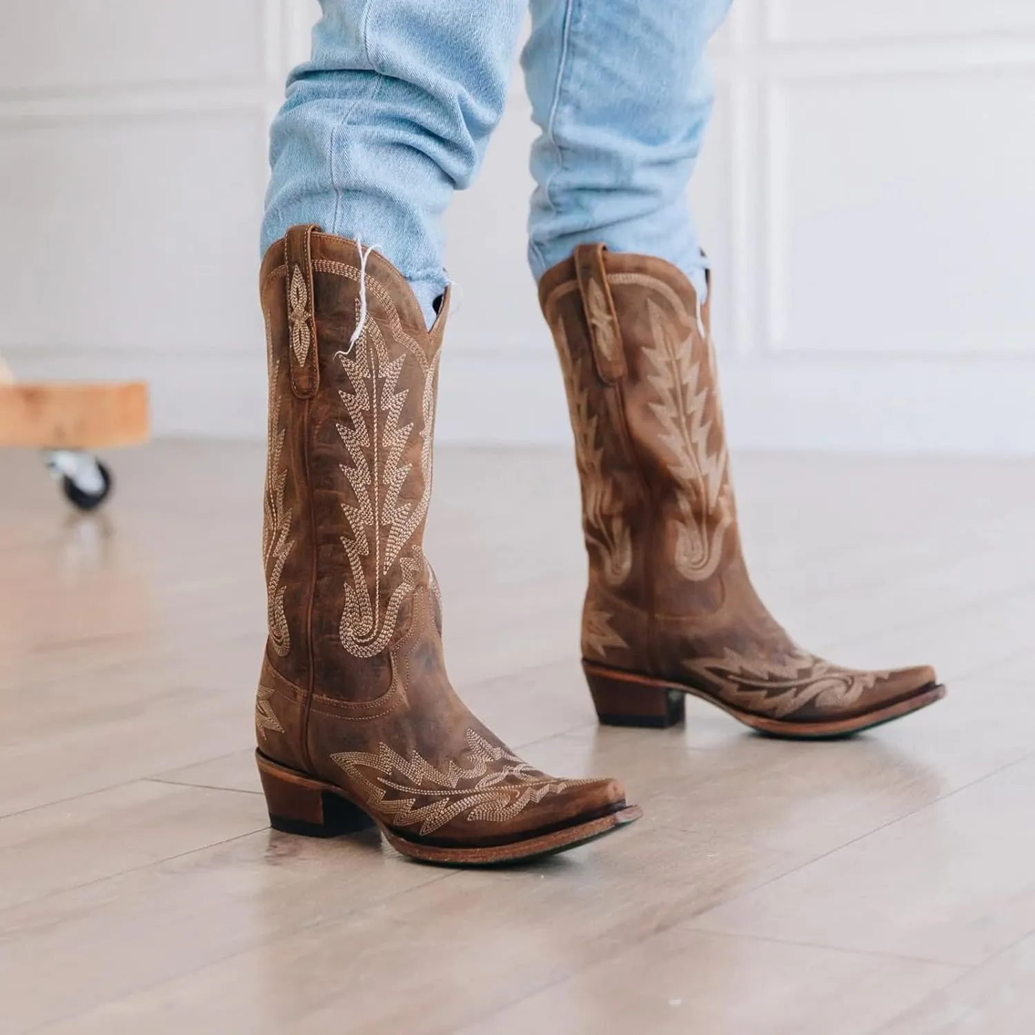 JORISTIMO Women's Cowboy with Embroidered Stitch,Knee High Boots, Classic Snip Toe Traditional Western Knee Bootie