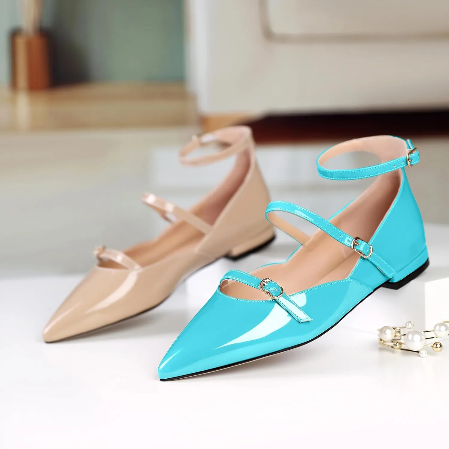 Joseywade Women's Ballet Flat Shoes Ankle Strap Mary Jane Flats Pointed Toe Ballerina Walking Flats Cute Casual Low Comfort Soft Dress Shoes