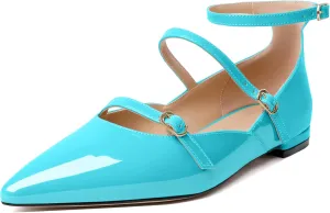 Joseywade Women's Ballet Flat Shoes Ankle Strap Mary Jane Flats Pointed Toe Ballerina Walking Flats Cute Casual Low Comfort Soft Dress Shoes