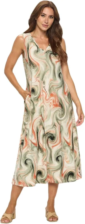 Jostar Women's Casual Long Dress – Sleeveless V-Neck Casual Print Flowy One Piece with Pockets