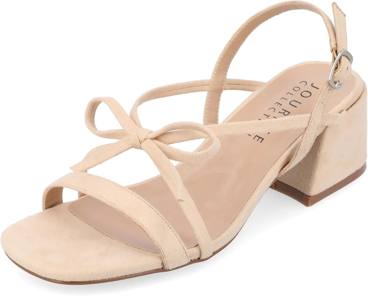 Journee Collection Women's Amity Suede Sandal with Bow Open Square Toe Buckle Ankle Strap Covered Block Heel Shoe