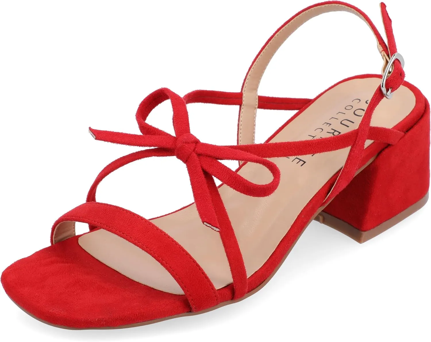 Journee Collection Women's Amity Suede Sandal with Bow Open Square Toe Buckle Ankle Strap Covered Block Heel Shoe
