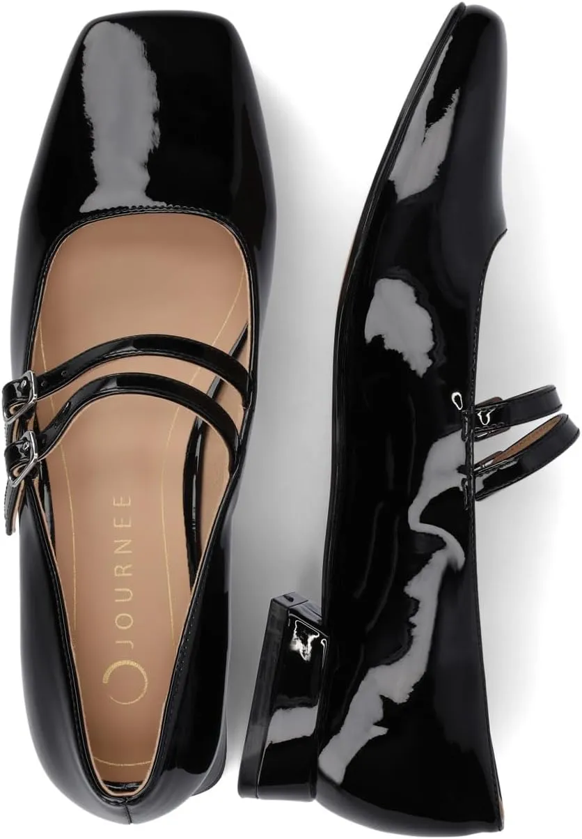 Journee Collection Womens Gredah Mary Jane Dress Flats Strappy Double Buckle Slip On Cushioned Block Heel Square Toe
