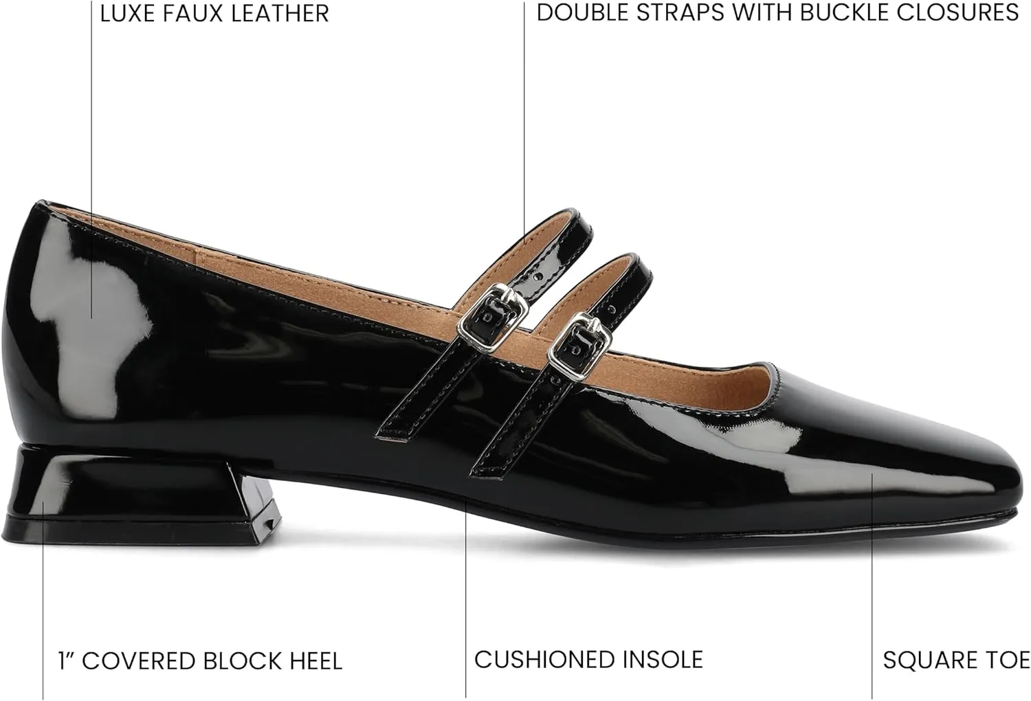 Journee Collection Womens Gredah Mary Jane Dress Flats Strappy Double Buckle Slip On Cushioned Block Heel Square Toe