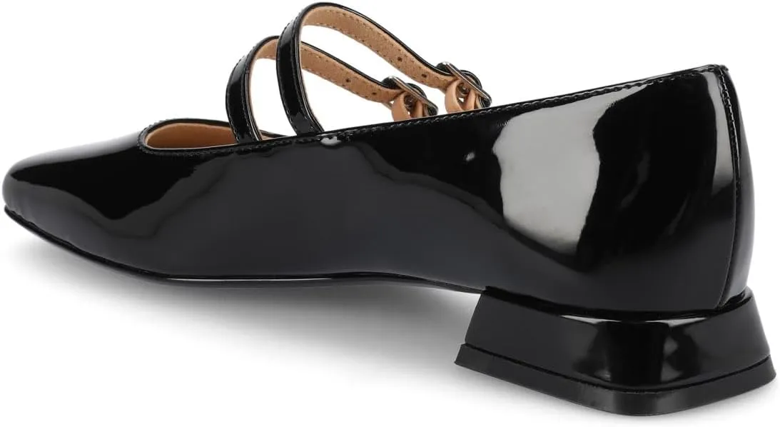 Journee Collection Womens Gredah Mary Jane Dress Flats Strappy Double Buckle Slip On Cushioned Block Heel Square Toe