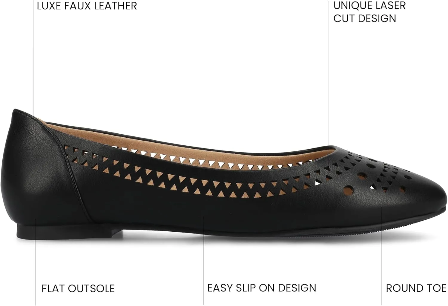 Journee Womens Flats cushioned footbed Kamrah Faux Leather Laser Cutout Designs Flat Sole Ballet Flats