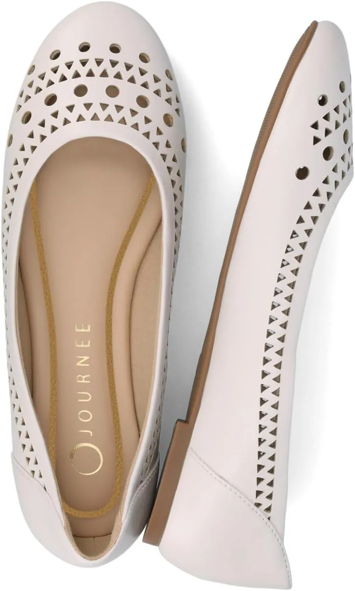 Journee Womens Flats cushioned footbed Kamrah Faux Leather Laser Cutout Designs Flat Sole Ballet Flats